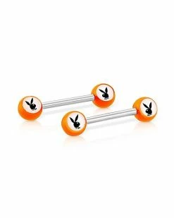 Promo ⭐ Orange Glow In The Dark Playboy Bunny Nipple Barbells - 14 Gauge ⭐