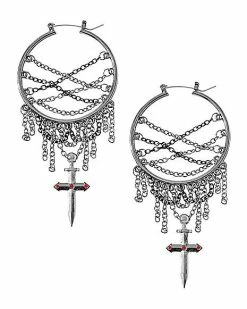 Outlet 🔥 Black Dagger and Chain Dangle Hoop Earrings 🔔