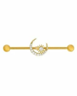 Budget 🎁 Goldplated CZ Sun and Moon Industrial Barbell - 14 Gauge 🔥