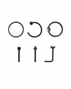 Buy 👏 Multi-Pack CZ Black Hoop and Bone Nose Rings 6 Pack – 20 Gauge 🎉