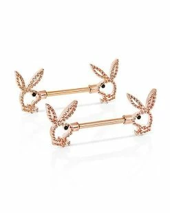 Discount 😉 Rose Goldtone Clear CZ Outline Playboy Bunny Nipple Barbells - 14 Gauge ⌛