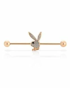Hot Sale 🎉 Rose Goldtone Glitter Playboy Bunny Industrial Barbell - 14 Gauge ⌛