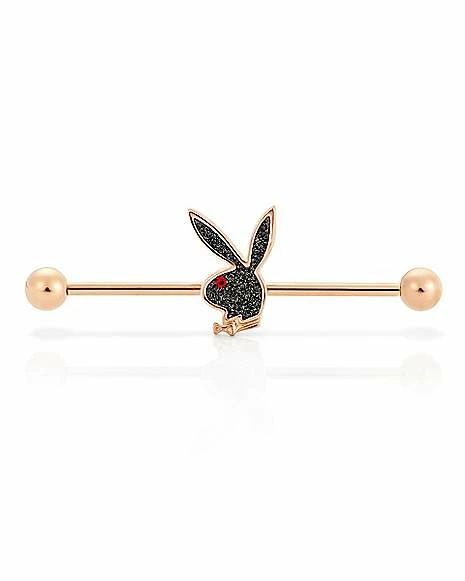 Promo π Rose Goldtone Black Glitter Playboy Bunny Industrial Barbell - 14 Gauge β€οΈ 3 Promo π Rose Goldtone Black Glitter Playboy Bunny Industrial Barbell - 14 Gauge β€οΈ