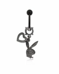 Wholesale ⭐ Black Clear CZ Playboy Bunny Heart Dangle Belly Ring - 14 Gauge 🥰 -Playboy Shop 03735321 b