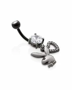 Wholesale ⭐ Black Clear CZ Playboy Bunny Heart Dangle Belly Ring - 14 Gauge 🥰 -Playboy Shop 03735321 c