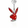 Wholesale ⌛ Red Glitter CZ Playboy Bunny Belly Ring - 14 Gauge 🌟