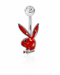 Wholesale ⌛ Red Glitter CZ Playboy Bunny Belly Ring - 14 Gauge 🌟