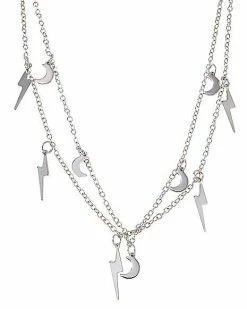 Alternative view of Coupon ✨ Crescent Moon and Lightning Bolt Double Row Necklace ⭐