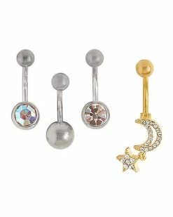 Deals 🎁 Multi-Pack CZ Moon and Star Titanium Belly Rings 4 Pack - 14 Gauge ⌛