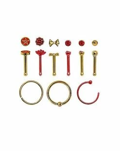 Best Sale ❤️ Multi-Pack Red and Gold Nose Pins and Hoop Rings 9 Pack - 20 Gauge 🛒