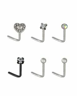 Cheapest ⌛ Multi-Pack CZ Heart L-Bend Nose Rings 6 Pack - 20 Gauge 🤩