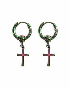 Flash Sale 🤩 Matte Rainbow Cross Dangle Huggie Hoop Earrings - 18 Gauge ✔️