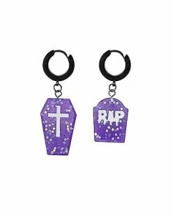Buy 🤩 Purple Headstone and Coffin Dangle Huggie Hoop Earrings - 18 Gauge ⭐