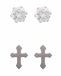 Brand new 🔥 Multi-Pack Round CZ and Cross Stud Earrings - 2 Pair ⭐