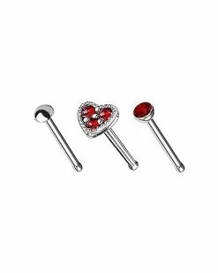 Best deal 🎁 Multi-Pack Red CZ Heart Bone Nose Rings 3 Pack - 20 Gauge 🤩