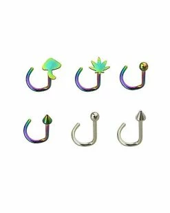 Buy 💯 Multi-Pack Mushroom and Weed Leaf Screw Nose Rings 6 Pack - 20 Gauge ⌛