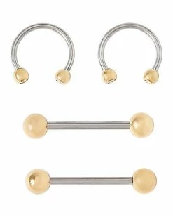 Coupon 🎁 Multi-Pack Silvertone and Goldtone Titanium Horseshoe Rings and Nipple Barbells 4 Pack - 14 and 16 Gauge 🧨