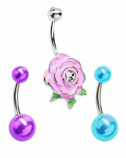 Best Pirce 🌟 Multi-Pack CZ Purple Flower Belly Rings 3 Pack - 14 Gauge 🧨 -Playboy Shop 03773447 c