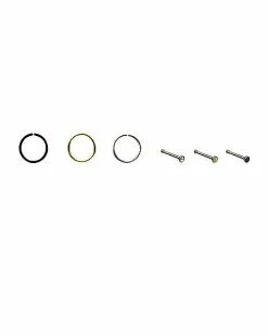 Flash Sale 👍 Multi-Pack CZ Black Silver and Yellow Hoop and Bone Nose Rings 6 Pack - 22 Gauge 🧨