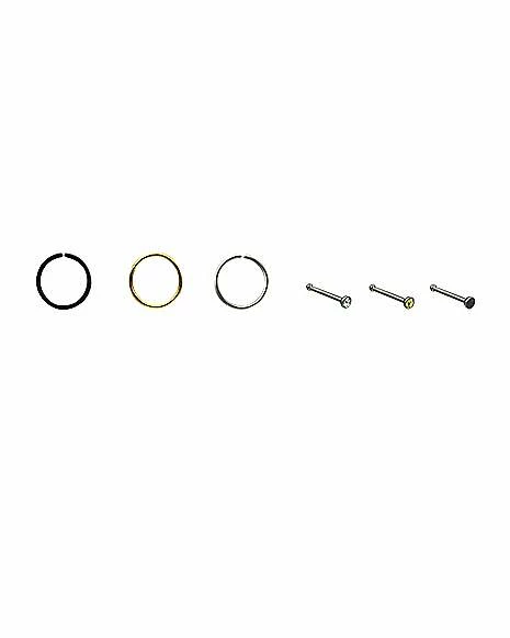 Flash Sale 👍 Multi-Pack CZ Black Silver and Yellow Hoop and Bone Nose Rings 6 Pack - 22 Gauge 🧨 3 Flash Sale 👍 Multi-Pack CZ Black Silver and Yellow Hoop and Bone Nose Rings 6 Pack - 22 Gauge 🧨