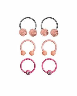 Hot Sale 🛒 Multi-Pack Pink Rose Horseshoe Rings 3 Pair - 16 Gauge 👍