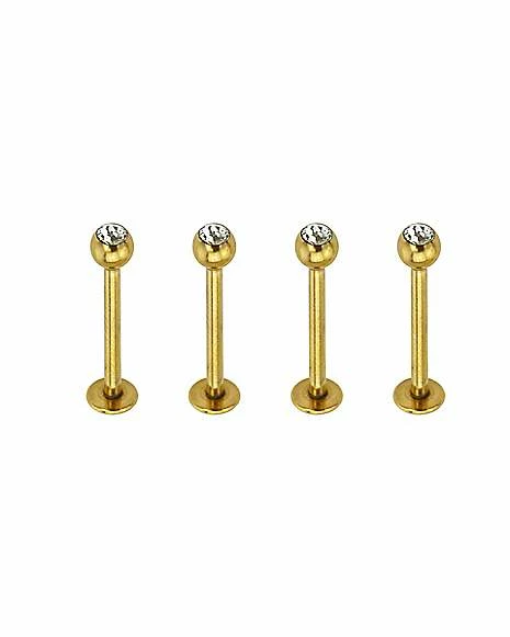 Budget π Multi-Pack Goldtone Clear Stone Dimple Labret Lip Rings 4 Pack - 16 Gauge π 3 Budget π Multi-Pack Goldtone Clear Stone Dimple Labret Lip Rings 4 Pack - 16 Gauge π