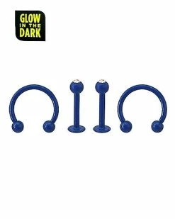 Flash Sale 👍 Multi-Pack Glow In The Dark CZ Blue Horseshoe Rings and Labret Rings 4 Pack - 16 Gauge 🧨