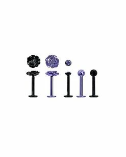 Discount 🔥 Multi-Pack Purple and Black Rose Labret Lip Rings 5 Pack - 16 Gauge 😍