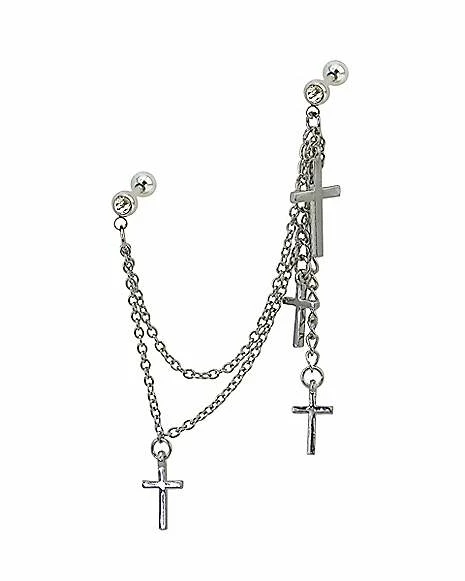 Best Sale π CZ Chain Cross Dangle Double Cartilage Barbell - 18 Gauge π 3 Best Sale π CZ Chain Cross Dangle Double Cartilage Barbell - 18 Gauge π