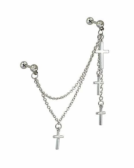 Best Sale π CZ Chain Cross Dangle Double Cartilage Barbell - 18 Gauge π 4 Best Sale π CZ Chain Cross Dangle Double Cartilage Barbell - 18 Gauge π - Image 2