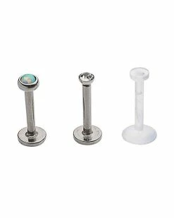 New ⌛ Multi-Pack CZ Silvertone and White Labret Lip Rings 3 Pack - 16 Gauge 😍