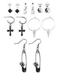 Promo 😉 Multi-Pack Assorted Cross Skull Lock Stud and Dangle Earrings - 9 Pack 🔥