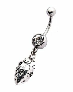 Outlet 🔔 Silvertone Jason Voorhees Mask Dangle Belly Ring 14 Gauge - Friday the 13th 🎉 -Playboy Shop 03794260 b