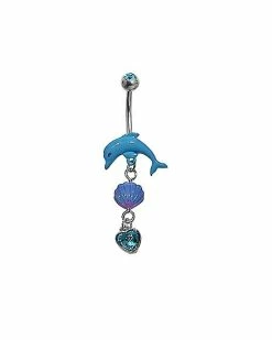 Promo 🎁 CZ Dolphin and Shell Dangle Belly Ring - 14 Gauge 🤩