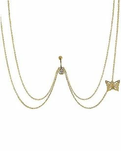 New ⭐ CZ Butterfly Chain Belly Ring - 14 Gauge 🌟