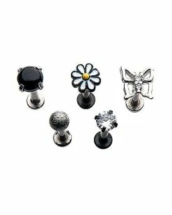 Best Sale 😀 Multi-Pack Flower Butterfly Gem Labret Lip Rings 5 Pack - 16 Gauge 👏 -Playboy Shop 03801255 b