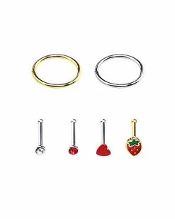 Wholesale 🔥 Multi-Pack Red and Gold Strawberry Bone Nose Rings and Hoop Nose Rings 6 Pack - 18 Gauge ✨ -Playboy Shop 03802063 b 1