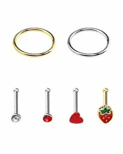 Best Sale ⭐ Multi-Pack Goldtone CZ Strawberry Nose Pins and Hoop Nose Rings 6 Pack - 20 Gauge ❤️ -Playboy Shop 03802063 c