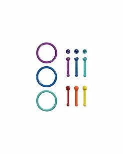 Coupon 🎁 Multi-Pack Rainbow Nose Pins and Hoop Nose Rings 9 Pack - 18 Gauge ❤️