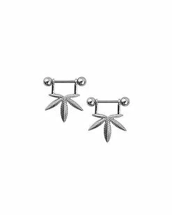 Promo 🛒 Silvertone Weed Leaf Nipple Stirrups - 14 Gauge 🎁