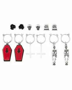 Best Sale ✔️ Multi-Pack Death Studs and Dangle Hoop Earrings - 6 Pair ⌛