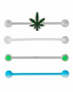 Cheapest 🔔 Multi-Pack Glow in the Dark Weed Leaf Industrial Barbells 4 Pack - 14 Gauge 🎉