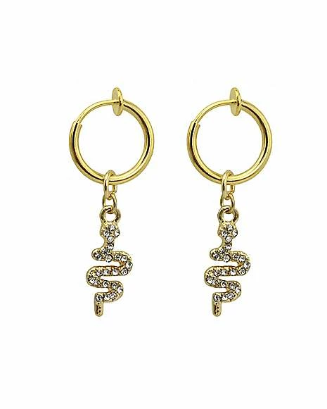 Discount ✨ CZ Goldtone Snake Dangle Clip On Hoop Earrings ⌛ 3 Discount ✨ CZ Goldtone Snake Dangle Clip On Hoop Earrings ⌛