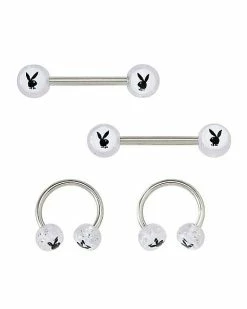Flash Sale 😉 Multi-Pack Black and White Playboy Horseshoe Rings and Nipple Barbells 2 Pair - 14 Gauge 🤩