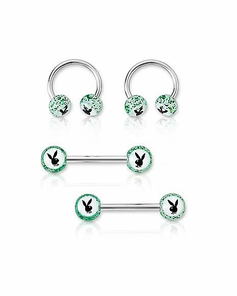 Flash Sale 𧨠Playboy Bunny Green Nipple Horseshoe Rings and Barbells Set - 14 Gauge π 3 Flash Sale 𧨠Playboy Bunny Green Nipple Horseshoe Rings and Barbells Set - 14 Gauge π