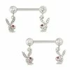 Brand new 🎁 CZ Silvertone Playboy Bunny Dangle Nipple Barbells - 14 Gauge 🤩 -Playboy Shop 03831351 a