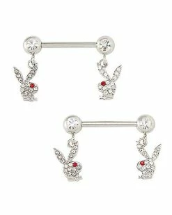 Brand new 🎁 CZ Silvertone Playboy Bunny Dangle Nipple Barbells - 14 Gauge 🤩