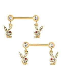Cheap ✨ CZ Goldtone Playboy Bunny Dangle Nipple Barbells - 14 Gauge ✨