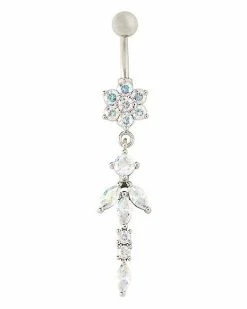 Outlet ❤️ CZ Flower and Flower Petals Dangle Belly Ring - 14 Gauge 😀