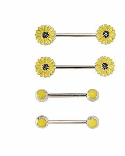Hot Sale ✨ Multi-Pack Yellow Flower Nipple Barbells 4 Pack - 14 Gauge 😍